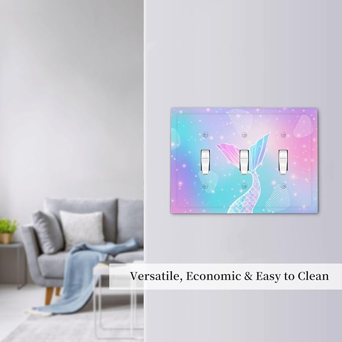 Mermaid 3 Gang Light Switch Cover Rainbow Tail Scales Jelly Fish Triple Toggle Wall Plate Decorative Electrical Switchplates Faceplate for Nursery Girls Boys Room Kids Room Decor