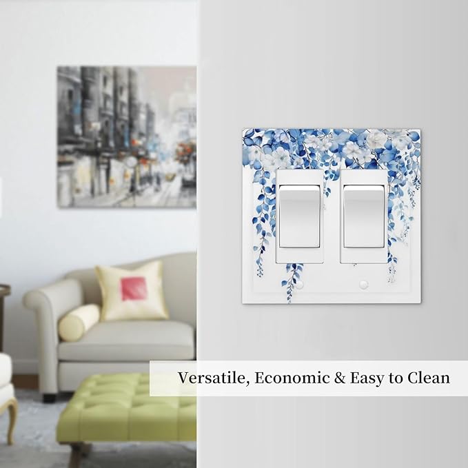 Blue Eucalyptus Leaves Floral Vine Flower Decorative Outlet Covers 2 Gang Double GFCI Rocker Electrical Wall Panels Light Switch Cover Plate for Bedroom Living Room Decor