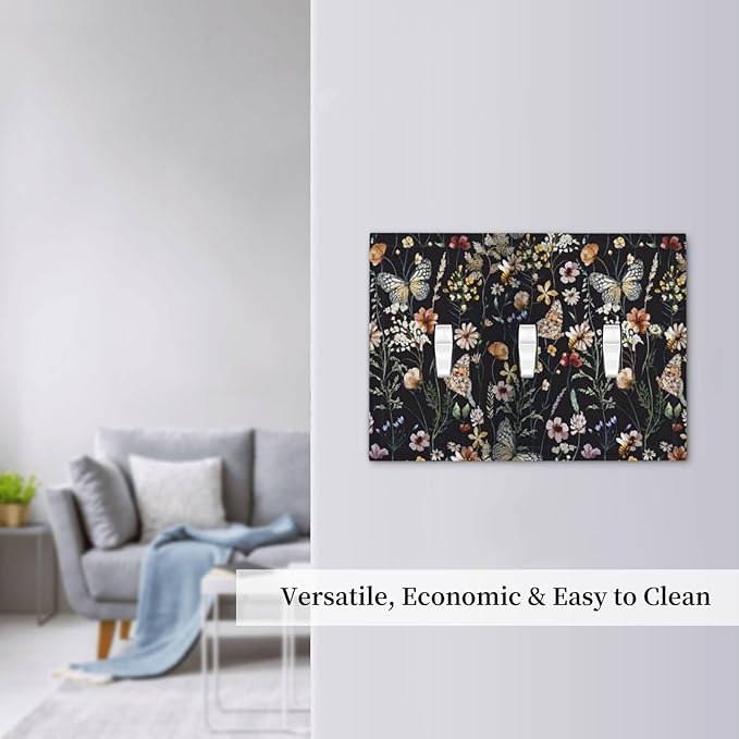 Vintage Flower Leaves Triple Toggle Wall Plates Cute Bees 3 Gang Light Switch Cover Decorative Dark Backgrounds Electrical Switchplate Faceplate Butterfly Dimmer Decor for Bedroom Kitchen Bathroom