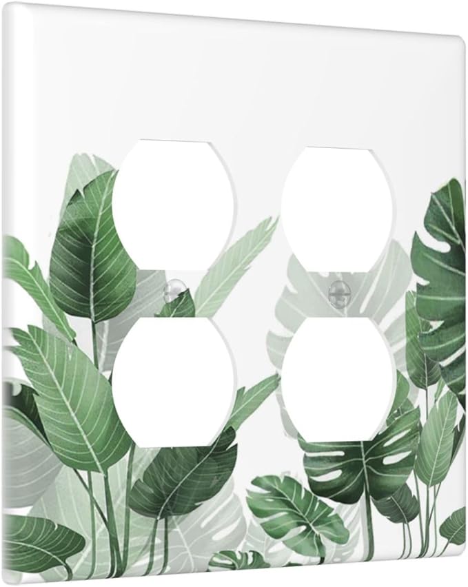 Outlet Covers Boho Tropical Plant Natural Palm Leaf 2 Gang Double Duplex Decorative Light Switch Covers Electrical Wallplates Socket Faceplate For Bed Room Living Room Decor