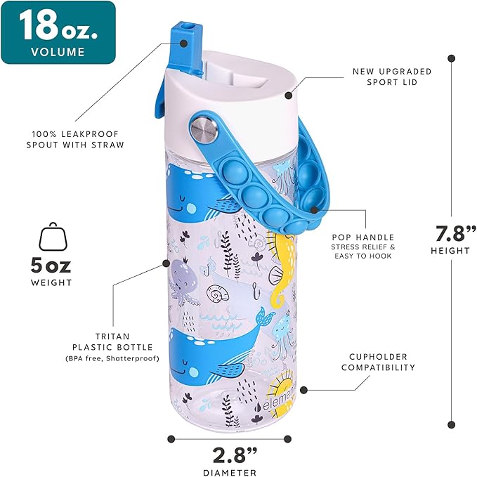 Elemental Water Bottles for Kids - Splash Kids Water Bottle for School with Pop-it Handle - BPA Free Tritan Plastic Water Bottle with Straw Leak Proof when Spout is Closed - Ocean Friends - 18oz