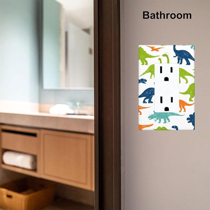 Colorful Dinosaur 1-Gang Rocker Wall Plate, Watercolor Blue & Green Dinosaur Cartoon Decorative Switch Plate for Boys Bedroom, Playroom & Nursery