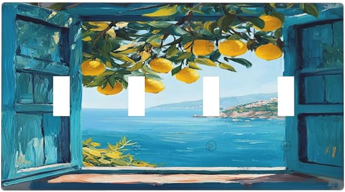 Window View Coastal Lemon Tree Mediterranean Landscape Light Switch Covers Quad Toggle Electrical Faceplate 4 Gang Wall Plate Decorative Switch Plates Cover for Bedroom Living Room Decor