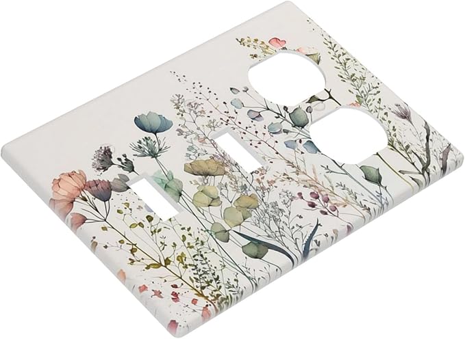Beige/Tan Wildflower Floral Blossom 3-Gang 2-Toggle 1-Duplex Receptacle Combination Light Switch Rustic Watercolor Flowers Decorative Triple Combo Device Switches/Rocker Outlet Covers and Wall Plate