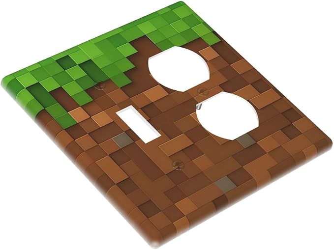 Pixel Style Gamer Themed Grass Block Wallplates 1 Toggle 1 Duplex Switch Plate Electrical GFCI Faceplate Decorative Light Switch Covers for Kids Room Office Home Decor