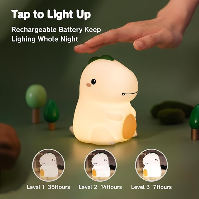 Dinosaur Night Light, 16 Colors Silicone Touch Lamp, 3 Level Dimmable Squishy Nightlight, Cute Touch Bedside Lamp, Rechargeable Dino Room Decor Gifts