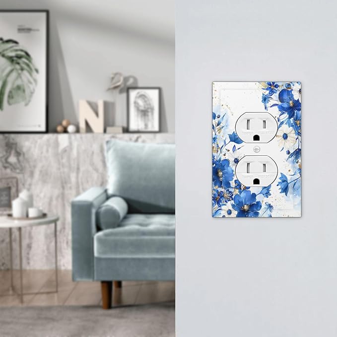 Klein Blue Flowers Watercolor Golden White Floral Outlet Covers 1 Gang Duplex Light Switch Cover Decorative Switch Plates Electrical Receptacle Faceplate Wall Plate for Bedroom Living Room Decor