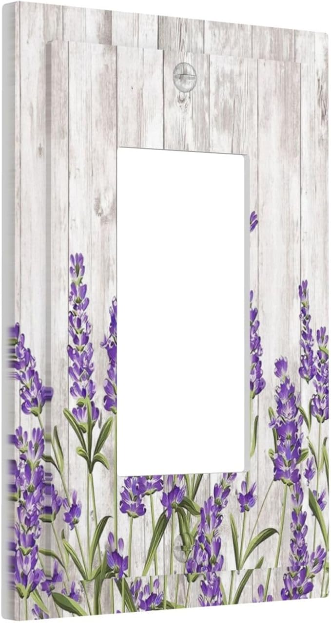 Purple Lavender Rustic Wooden Flowers Floral Plant Decorative Outlet Covers 1 Gang Single Rocker Light Switch Cover Plate Wall Plates GFCI Faceplate for Farmhouse Living Room Decor