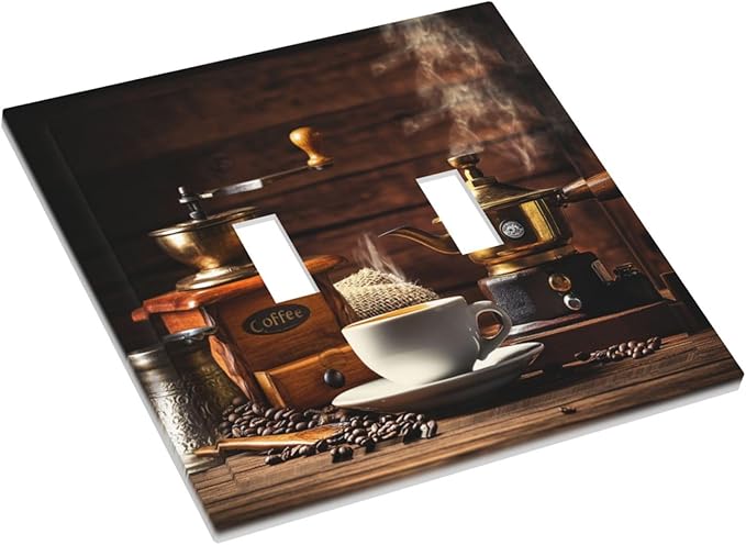 Decorative Switch Plate Cover with Vintage Coffee Retro Grinder Artwork Design 2 Gang Wall Plate Unique Double Toggle Double Light Switch Covers for Rustic Kitchen Decor