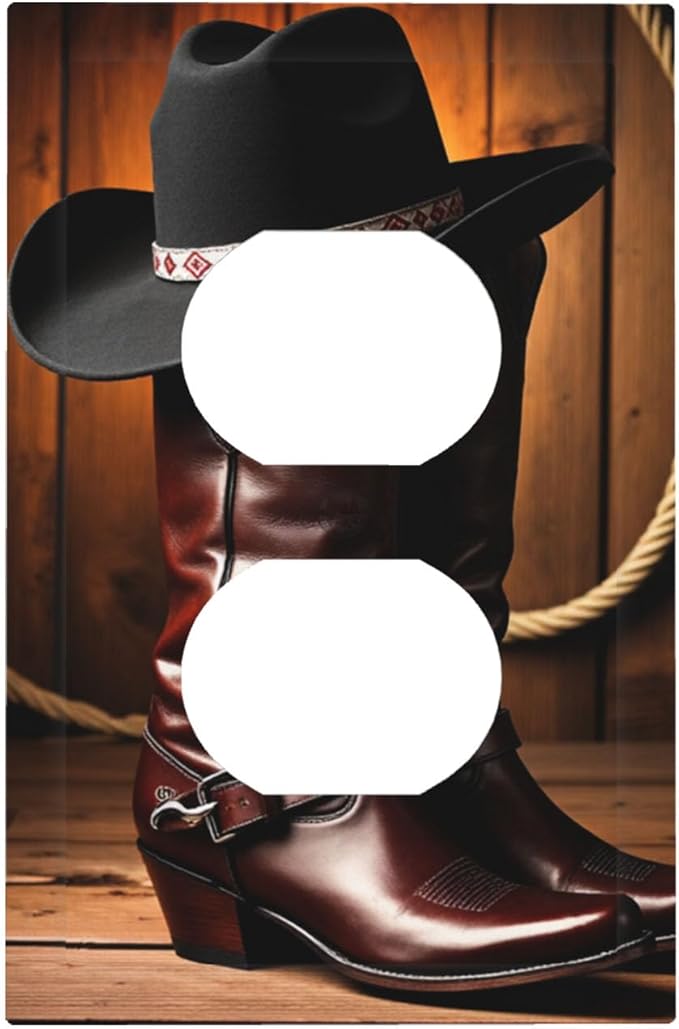 Western Cowboy Boots & Hat Duplex Wall Plate - 1-Gang Standard US Size Rustic Ranch Cowboy Outlet Covers for Man Cave Bedroom Decor