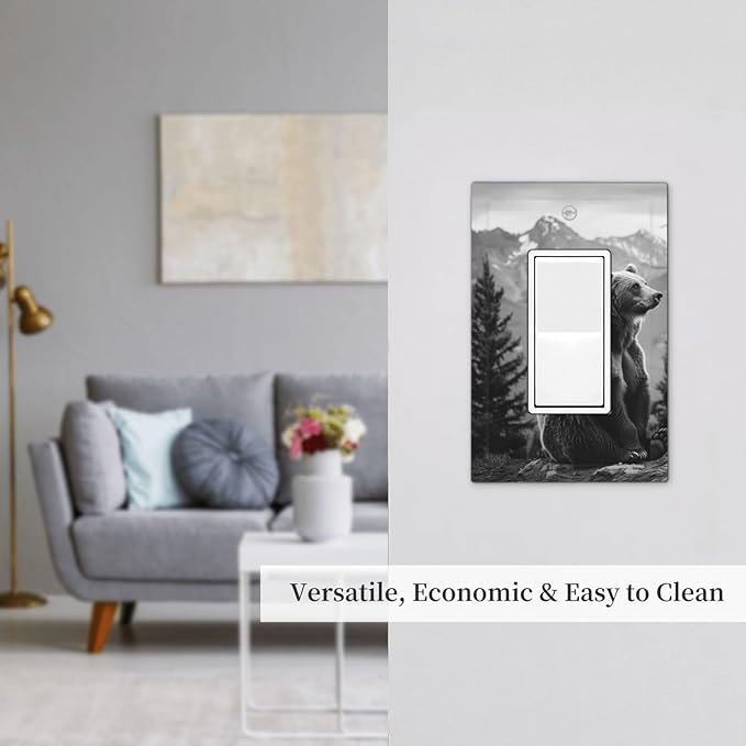 Light Switch Cover Plate Black White Bear Mountain Pine Trees Wilderness 1 Gang Outlet Covers Single Rocker Decorative Switch plates Electrical Wall Plates GFCI Receptacle for Bathroom Bedroom