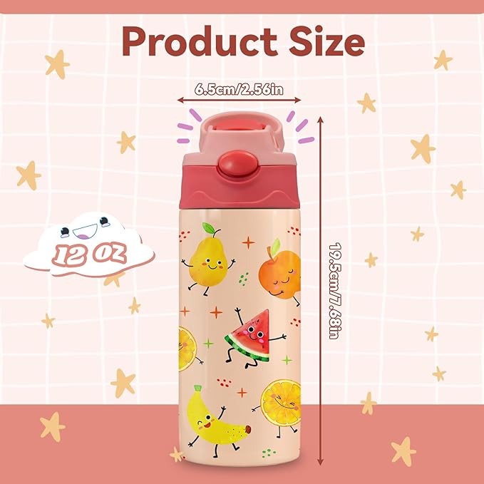 12 oz Fruits Kids Water Bottle, Happy Fruit Water Bottle for School, Kids Insulated Bottles with Straw & Handle, Leak-Proof, BPA-free, Straw Lid, Stainless Steel for Travel Gift Cup for Teens