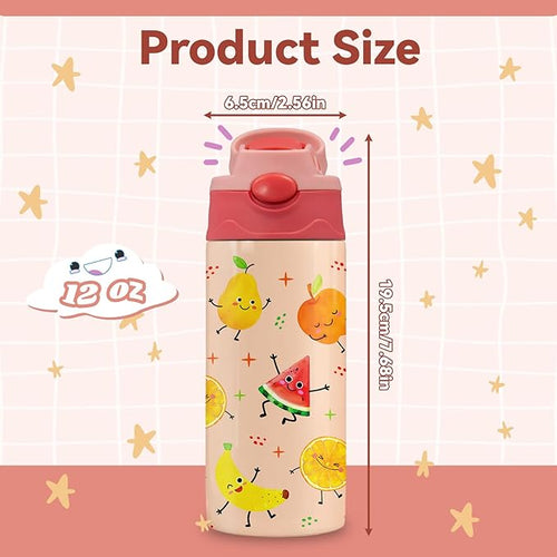 12 oz Fruits Kids Water Bottle, Happy Fruit Water Bottle for School, Kids Insulated Bottles with Straw & Handle, Leak-Proof, BPA-free, Straw Lid, Stainless Steel for Travel Gift Cup for Teens