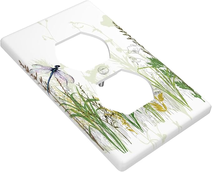 1-Gang Duplex Wall Plate, Wildflower & Dragonfly Printed Outlet Cover, Boho Cottage Garden Floral Decor for Sunroom Bedroom