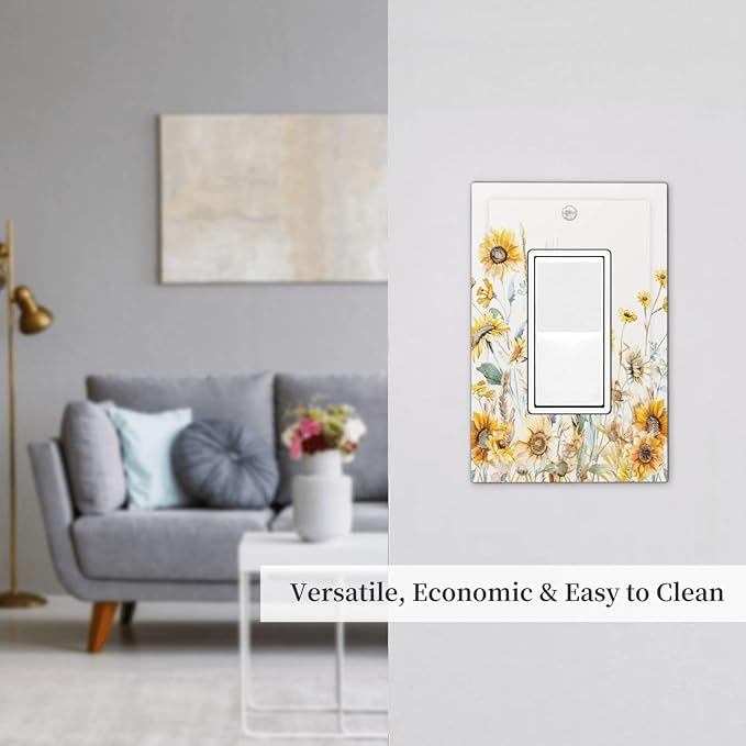 Yellow Floral Sunflowers Wheat Ears Watercolor Wild Flowers Decorative Outlet Covers 1 Gang Single Rocker Light Switch Cover Plate Wall Plates GFCI Faceplate for Bedroom Living Room Decor