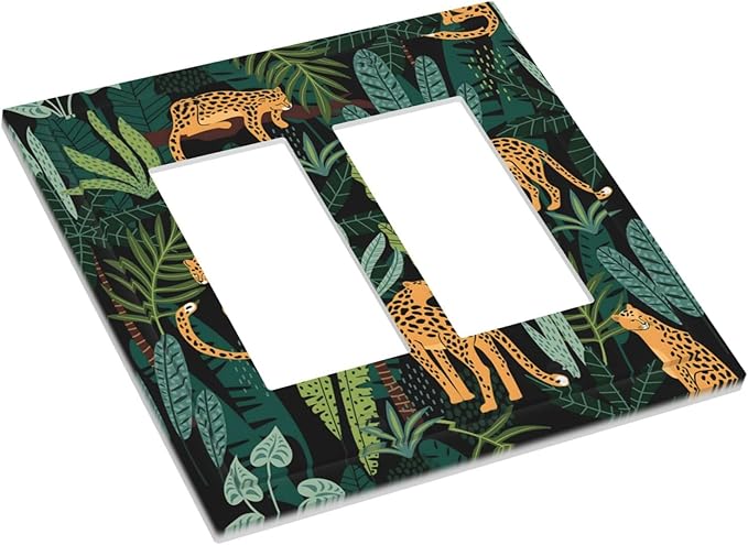 Jungle Cheetah Tropical Wildlife Leopard Green Palm Leaf Decorative Outlet Covers 2 Gang Double GFCI Rocker Electrical Wall Panels Light Switch Cover Plate for Farmhouse Home Decor