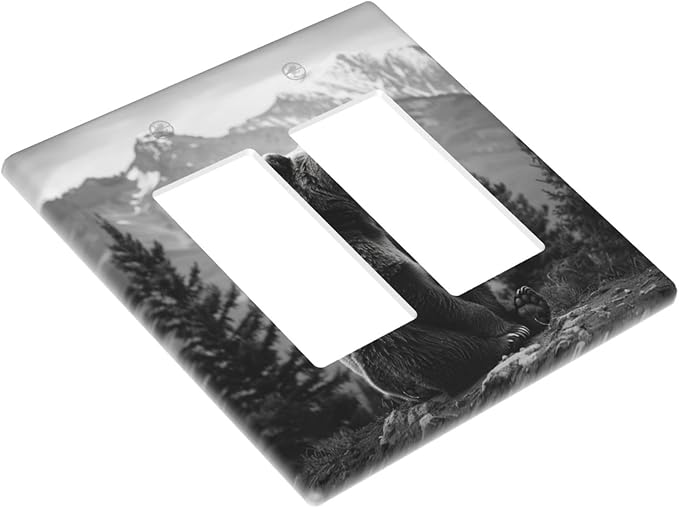 Light Switch Cover Plate Black White Bear Mountain Pine Trees Wilderness 2 Gang Double Rocker Outlet Covers Decorative Switch plates Electrical Wall Plates GFCI Receptacle for Bathroom Bedroom