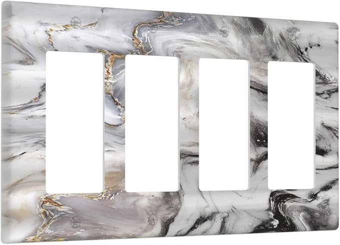 Grey and White Gold Marble 4 Gang Light Switch Cover Quad Rocker Decora Wall Plate Decorative Electrical Outlet Switchplate Modern Abstract Marble Gfci Faceplate for Kitchen Bathroom Decor