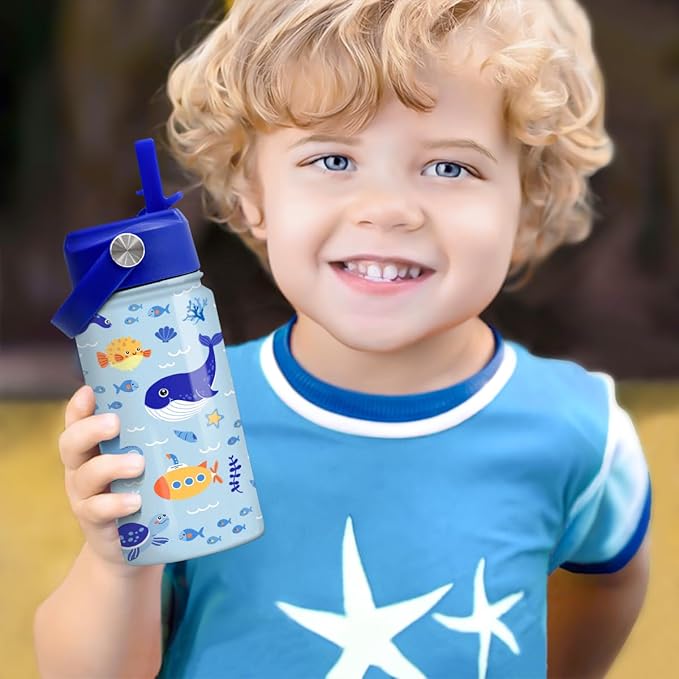 SANDJEST Kids Water Bottle with Straw Lid - 12 Oz Insulated Stainless Steel Ocean Water Bottles for Kid Boys - Travel Cup for School Sports