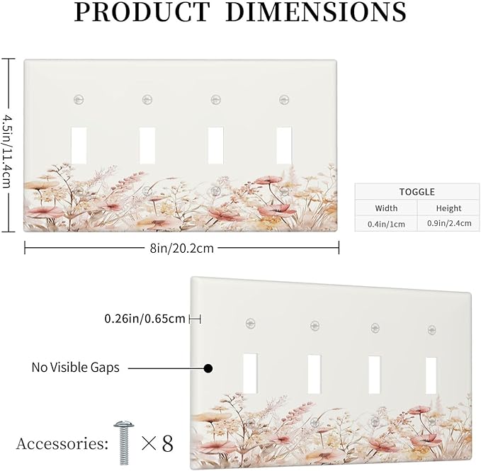 Light Switch Cover Plate Boho Floral Watercolor Flower Pattern 4 Gang Quad Toggle Wall Plate Electrical Outlet Cover Decorative Switch Plate Covers for living Room Home Decor