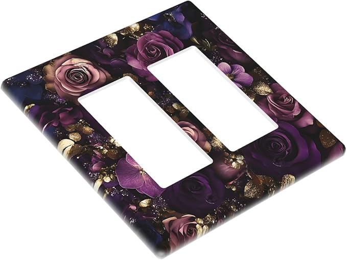 Decorative Outlet Covers with Luxurious Purple Roses Gold Accents Leaves Design 2 Gang Wall Plate Double Rocker Light Switch Cover Switch Plate Cover for Romantic Bedroom/Living Room Decor