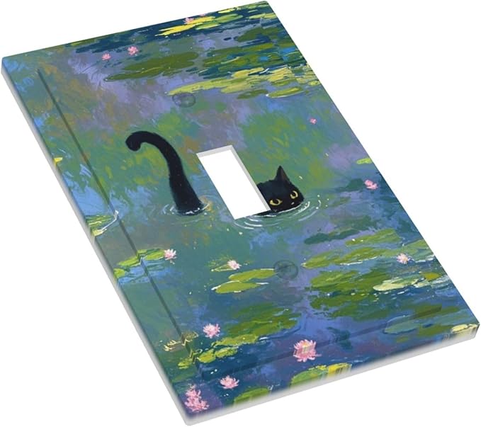 Light Switch Cover Plate Cute Black Cat Water Lily Pond Watercolor 1 Gang Single Toggle Decorative Switch Plates Wall Plates Electrical Faceplate Socket Covers for Kids Room Nursery Decor