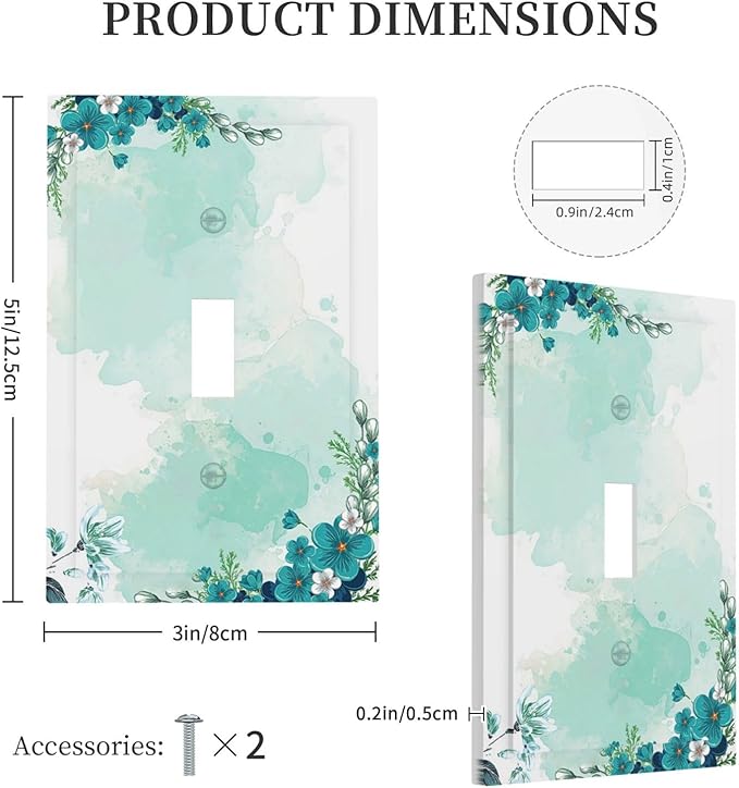 Decorative Light Switch Cover Blue Green Flowers Light Green Watercolor Patterns 1 Gang Single Toggle Decorator Outlet Wall Plate Device Electrical Faceplate Switchplates for Bedroom Home