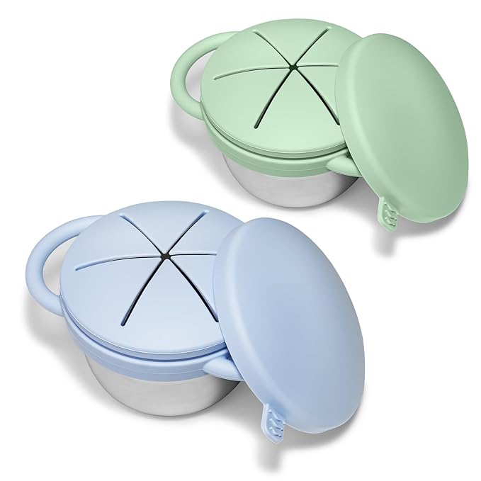 2 Pack Toddler Snack Cups, Baby Stainless Steel Snack Containers for Kids with Spill Proof Food Grade Silicone Lids & Handles 9 OZ No Spill Baby Snack Box for Mess-Free Snacking