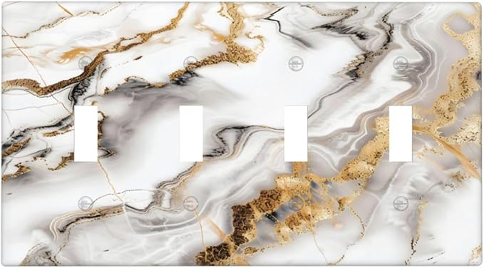 Luxurious Marble Abstract White Gold Tile Modern Simplicity Light Switch Covers Quad Toggle Electrical Faceplate 4 Gang Wall Plate Decorative Switch Plates Cover for Bathroom Kitchen Decor