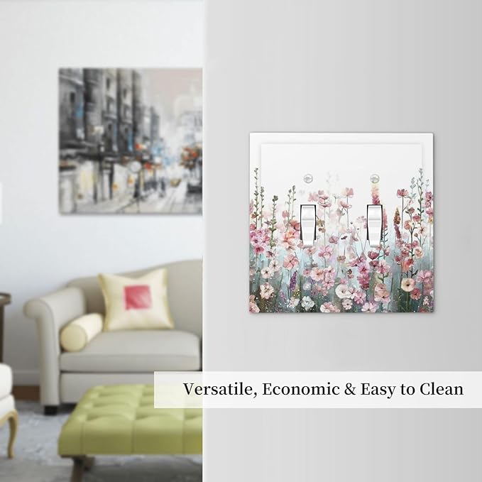 Colorful Flowers Pink Floral Watercolor Plant Decorative Switch Plates 2 Gang Double Toggle Outlet Light Switch Cover Wall Plate Electrical Faceplate for Bed Room Living Room Decor