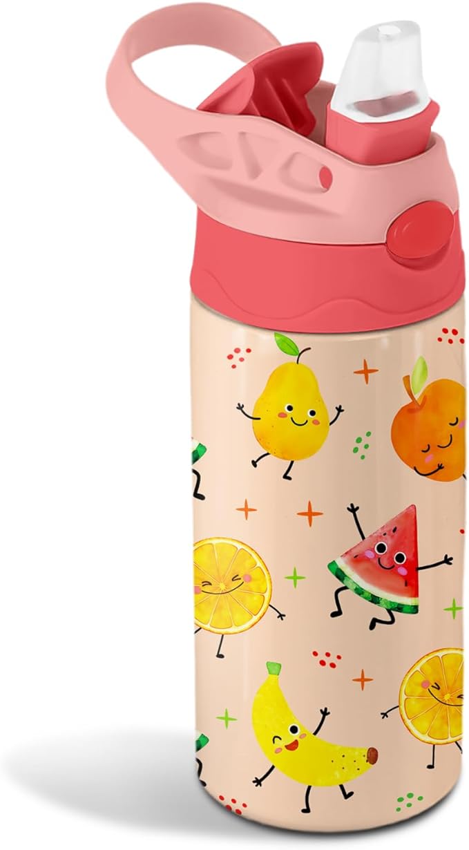 12 oz Fruits Kids Water Bottle, Happy Fruit Water Bottle for School, Kids Insulated Bottles with Straw & Handle, Leak-Proof, BPA-free, Straw Lid, Stainless Steel for Travel Gift Cup for Teens