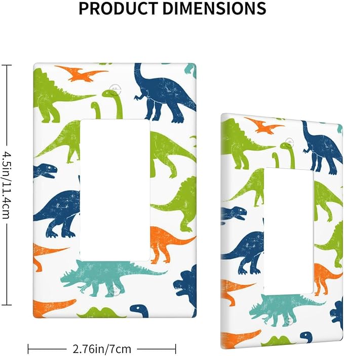 Colorful Dinosaur 1-Gang Rocker Wall Plate, Watercolor Blue & Green Dinosaur Cartoon Decorative Switch Plate for Boys Bedroom, Playroom & Nursery