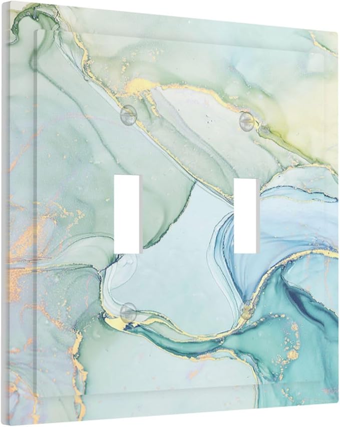 Decorative Switch Plates Teal Gold Marbling Turquoise 2 Gang Double Toggle Outlet Light Switch Cover Wall Plate Electrical Faceplate for Bathroom living Room Decor
