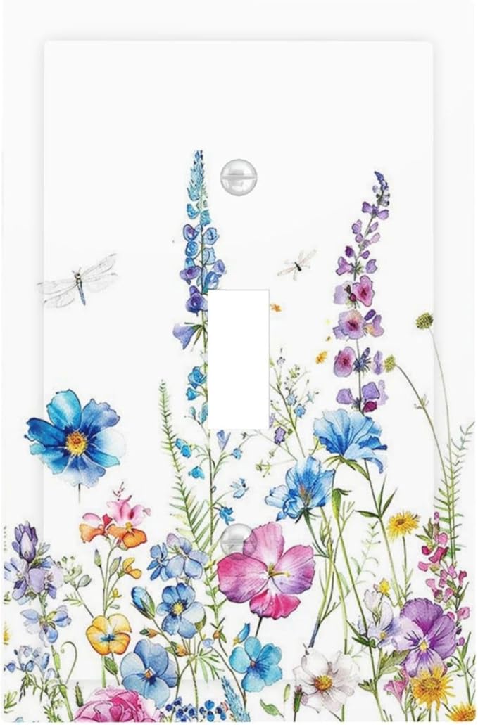 Decorative Light Switch Cover Boho Colorful Flowers Plants And Dragonflies 1 Gang Single Toggle Decorator Outlet Wall Plate Device Electrical Faceplate Switchplates for Bedroom living Room