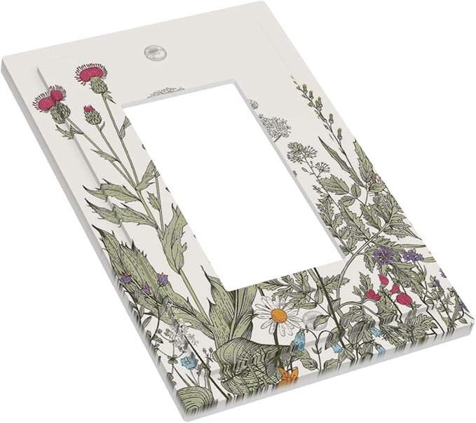 1 Gang Single GFCI/Decorator Rocker Outlet Light Switch Wall Plate Cover Vintage Rustic Spring Floral Spring Flowers Leaf Botanical Herbs Wildflower Decorative One Device Electrical Faceplate Dimmer