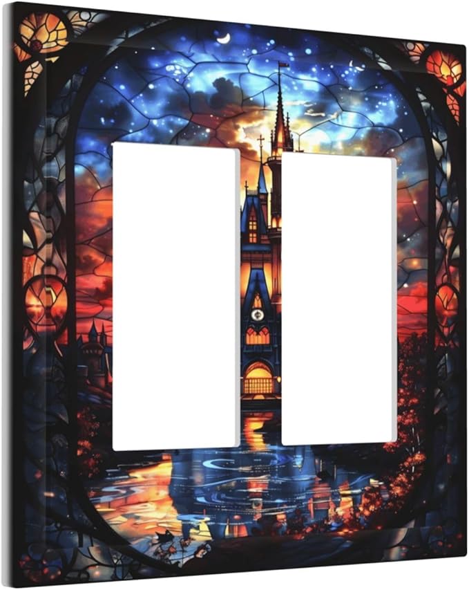 Medieval Fantasy Castle Magic Academy Decorative Outlet Covers 2 Gang Double GFCI Rocker Electrical Wall Panels Light Switch Cover Plate for Kids Room Bedroom Decor