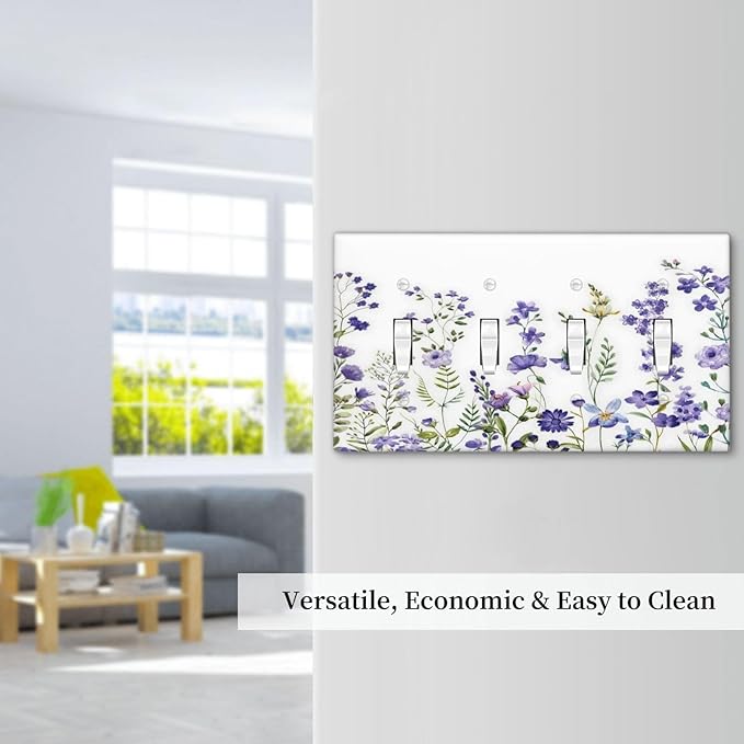 Lavender Wildflowers Purple Flowers Plant Floral Light Switch Covers Quad Toggle Electrical Faceplate 4 Gang Wall Plate Decorative Switch Plates Cover for Bedroom Living Room Decor