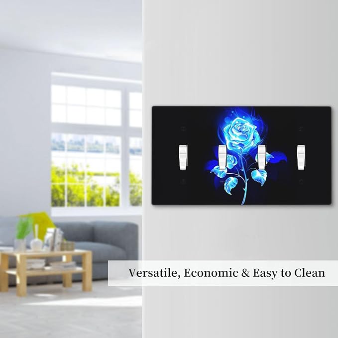 Blue Golden Rose Flower 4 Gang Device Light Switch Cover Decorative Quad Toggle Wall Plate Decorative Electrical Faceplate for Home Bedroom Art Decorate
