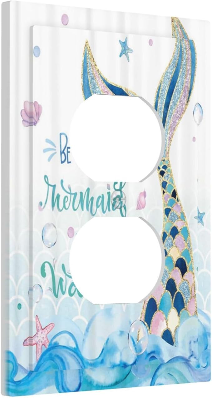 Mermaid Ocean Blue Waves Kids Girl 1 Gang Outlet Plate Decorative Single Duplex Wall Plate Covers Electrical Receptacle Light Switch Cover Art Faceplate Switchplate for Kidroom Bathroom Decor