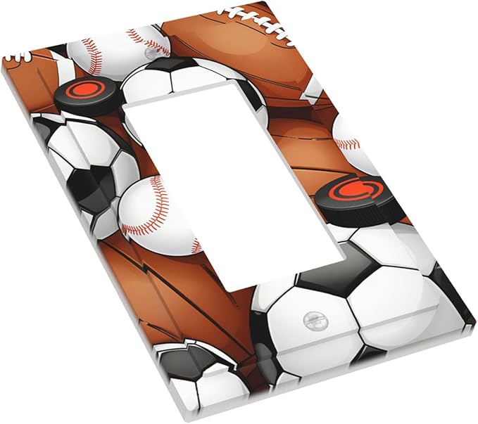 All-Star Sports Balls Collage Single Rocker Switch Cover - 1-Gang Standard US Size Football Baseball Soccer Game Day Themed Light Switch Covers for Boy's Bedroom Decor