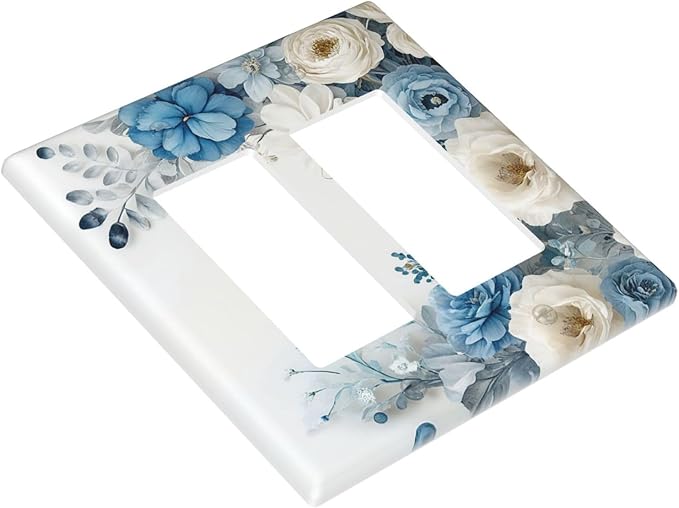 Decorative Outlet Covers Blue Rose White Flowers Rustic Floral 2 Gang Wall Plate Double Rocker Two Switch Wall Cover Plate Jumbo Dual Electrical GFCI Face Plate for Switch Decor