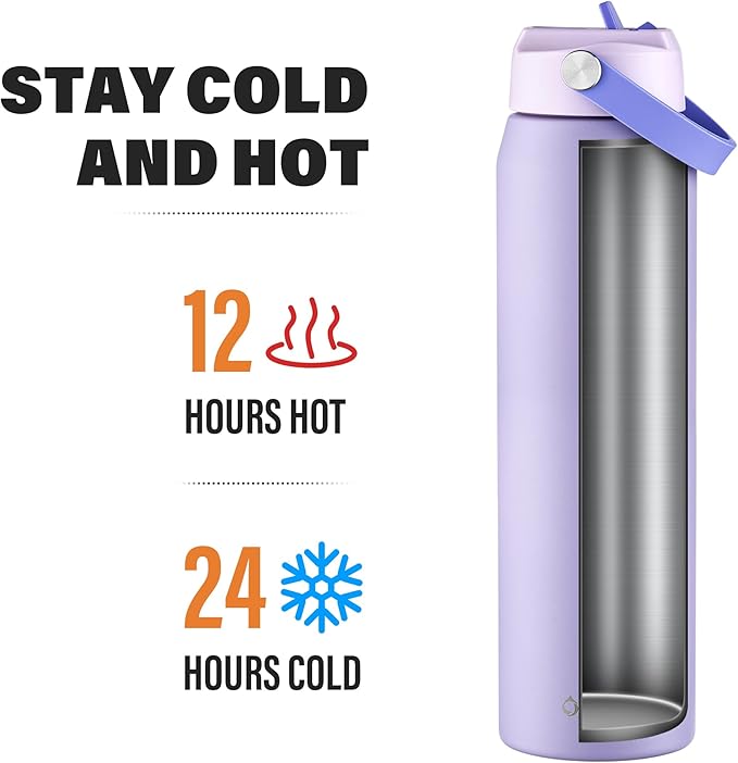 Oldley 32oz Insulated Water Bottle with Straw, Stainless Steel Water Bottle for Sports, Travel, School, BPA-Free Sports Bottles for Adult Kids, Leak-Proof, Purple