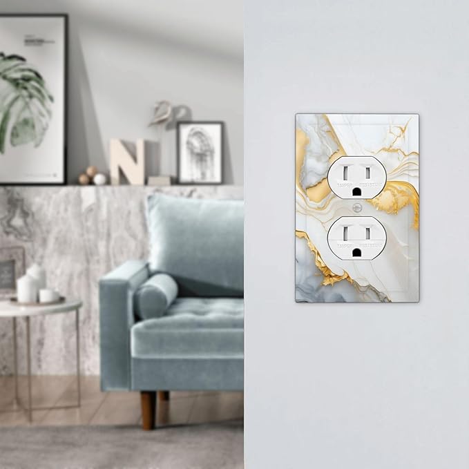 Exquisite White Gold Marble Abstract Luxurious Print Outlet Covers 1 Gang Duplex Light Switch Cover Decorative Switch Plates Electrical Receptacle Faceplate Wall Plate for Bathroom Kitchen Decor