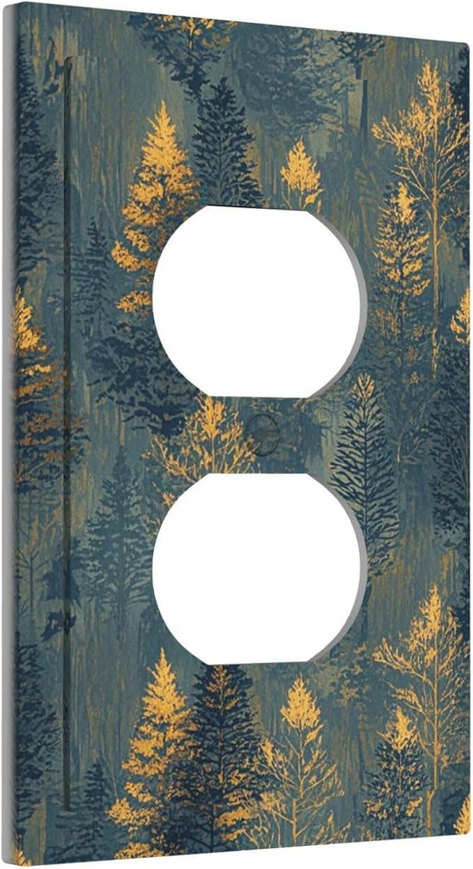 Decorative Outlet Covers with Golden Trees & Abstract Gradient Forest Landscape Design 1 Gang Duplex Light Switch Cover Plate Unique Wall Plates Switchplate Cover for Blue Retro Home Decor