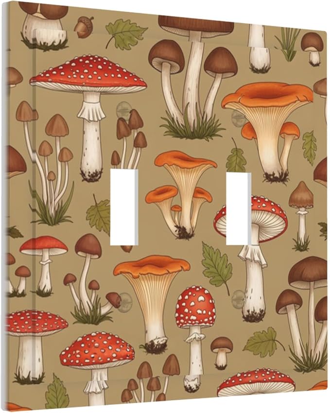 Whimsical Mycology Double Toggle Switch Cover - 2-Gang Standard US Size Vintage Mushroom Light Switch Covers, Woodland Medley for Farmhouse Home Decor