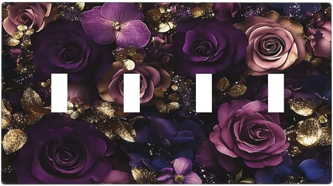 Decorative Switch Plate Cover with Luxurious Purple Roses Gold Accents Leaves Design 4 Gang Artistic Wall Plate Unique Quad Toggle Light Switch Covers for Romantic Bedroom/Living Room Decor