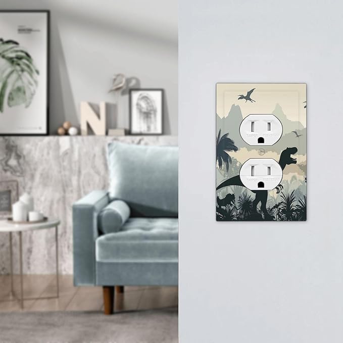 Outlet Covers Prehistoric World Dinosaur Cartoon Fores 1 Gang Duplex Light Switch Cover Decorative Switch Plates Electrical Receptacle Faceplate Wall Plate for Kids Room Nursery