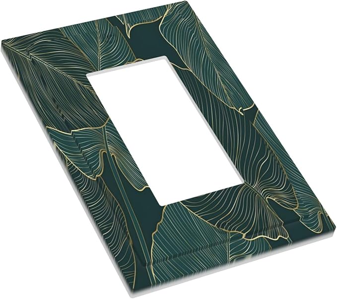 Gold Tropical Green Botanical Palm Leaves Decorative Outlet Covers 1 Gang Single Rocker Light Switch Cover Plate Wall Plates GFCI Faceplate for Bedroom Living Room Decor