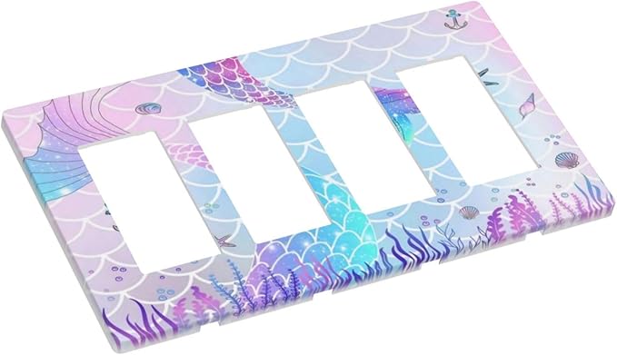 Cartoon Pink Girl Mermaid Scales Tail 4 Gang Quad Rocker/GFCI/Decorator Light Switch Cover Plate Decorative Electric Faceplate Decorative Switchplate Screwless