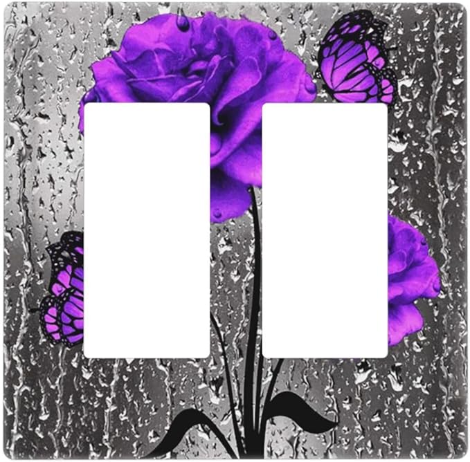Fashion Woman Purple Grey Rose Flowers Butterfly 2 Gang Double Decorator GFCI/Rocker Wall Plate Vibrant Blossom Floral Art Electrical Outlet Decorative Receptacle Cover Light Switch for Dimmer, USB